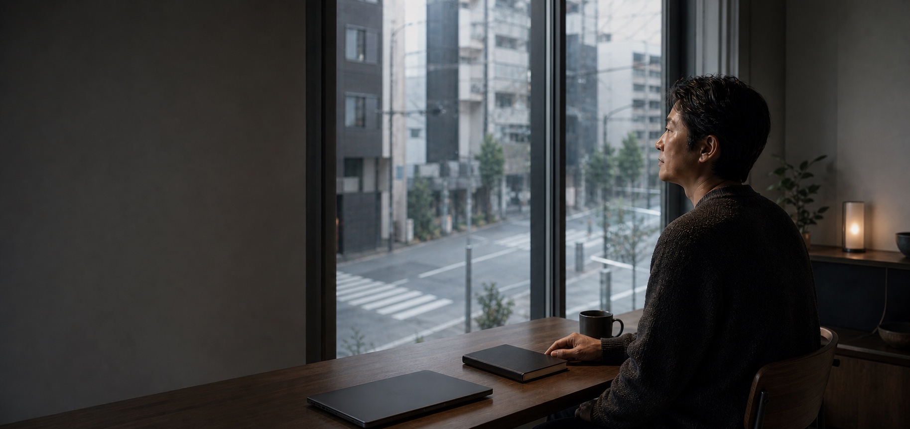 2020年、静かな東京の部屋で立ち止まり、自分の時間を見つめ直す人物